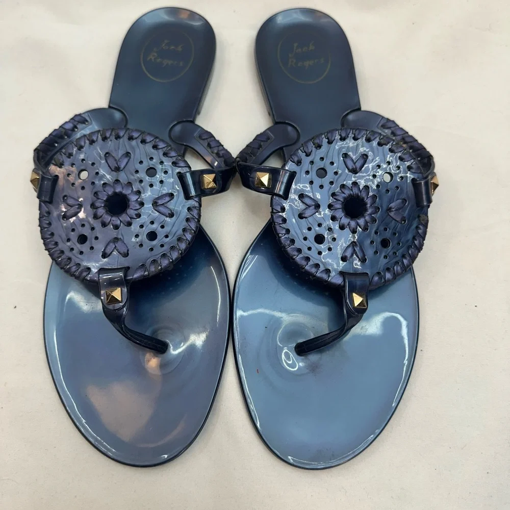 Jack Rogers Collins Jelly Flat Navy Sandals with Gold Accents 10 - Picture 2 of 4